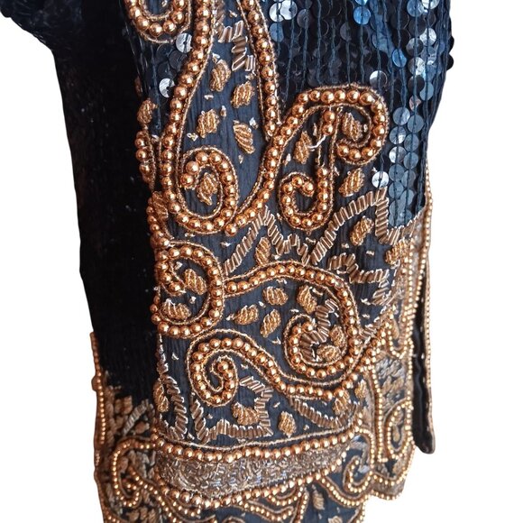Small Vintage Bolero Jacket Black Gold Beaded Sequin Embroidery Patra - Picture 9 of 15